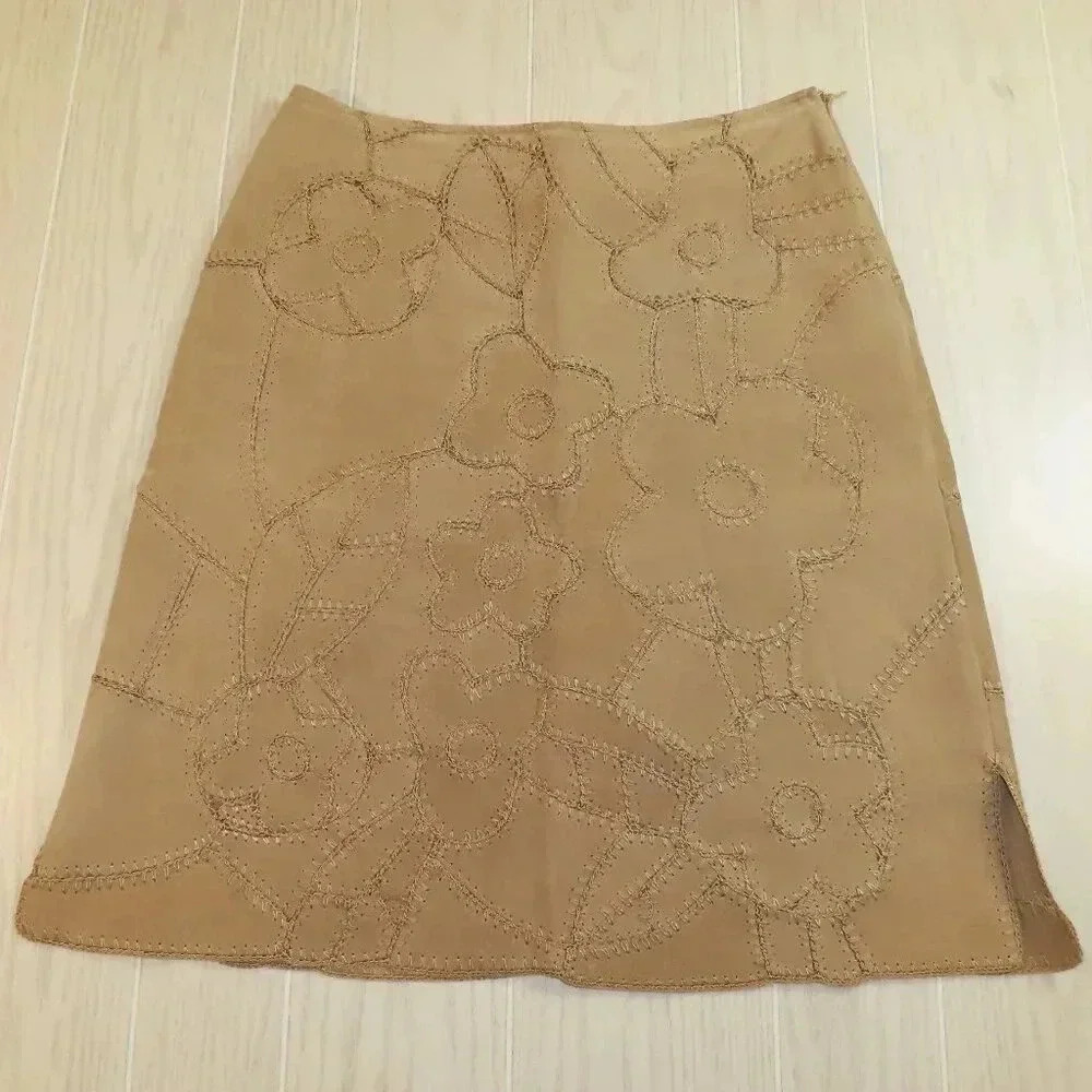 Suedessence 100% Leather Floral Patchwork Skirt Knee Length Lined Vintage Sz 12
